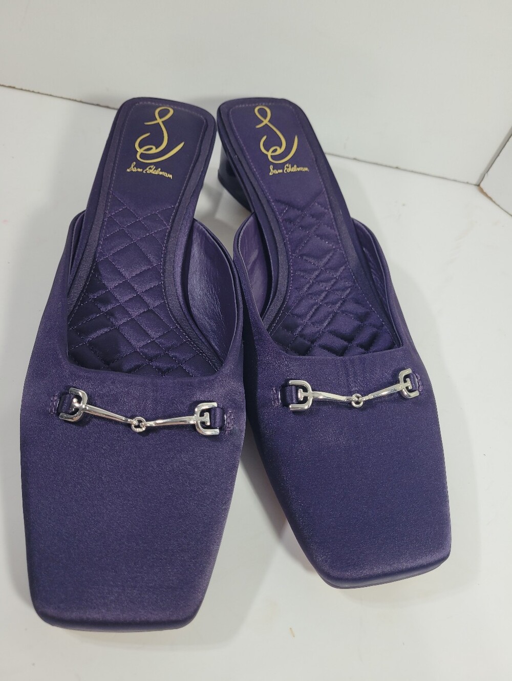 Sam Edelman Ollie Winter Violet Satin Horsebit Square Toe Mules Sz 10.5 Low Heel